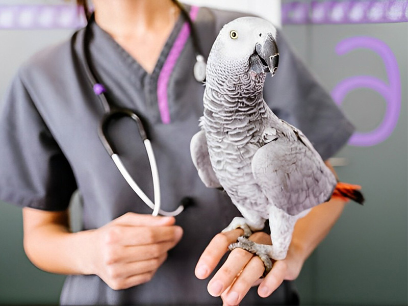 a vet holding a parrot